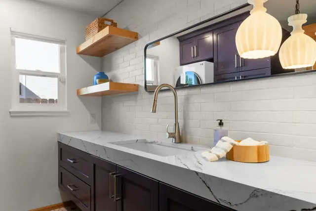 Colorful Laundry Bathroom Combo — interior design by Interiors by JanLee, Colorado Springs